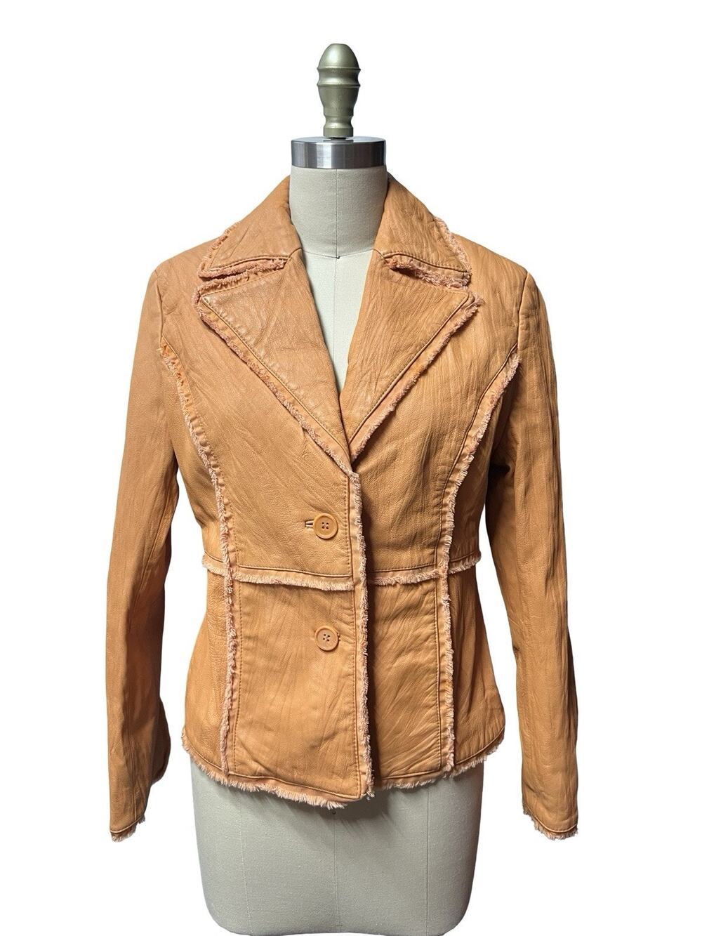 Vtg Pam McCoy Light Orange Leather Jacket W/ Raw Fringe Trim Sz S